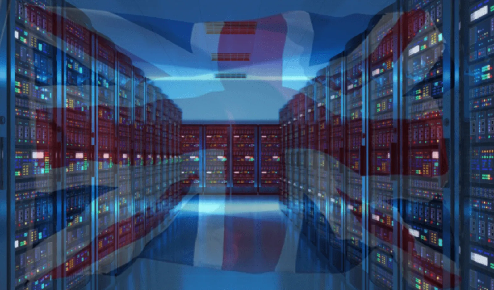 Union Flag over rows of data centre server racks, representing the UK network infrastructure behind the push-to-talk over cellular industry